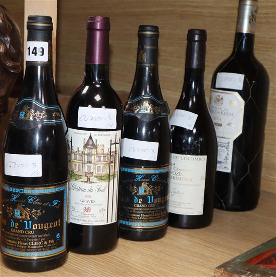 Two bottles of Clos de Vougeot Grand Cru, 1996, a magnum of marques de riscal Rioja 2006 and two other bottles